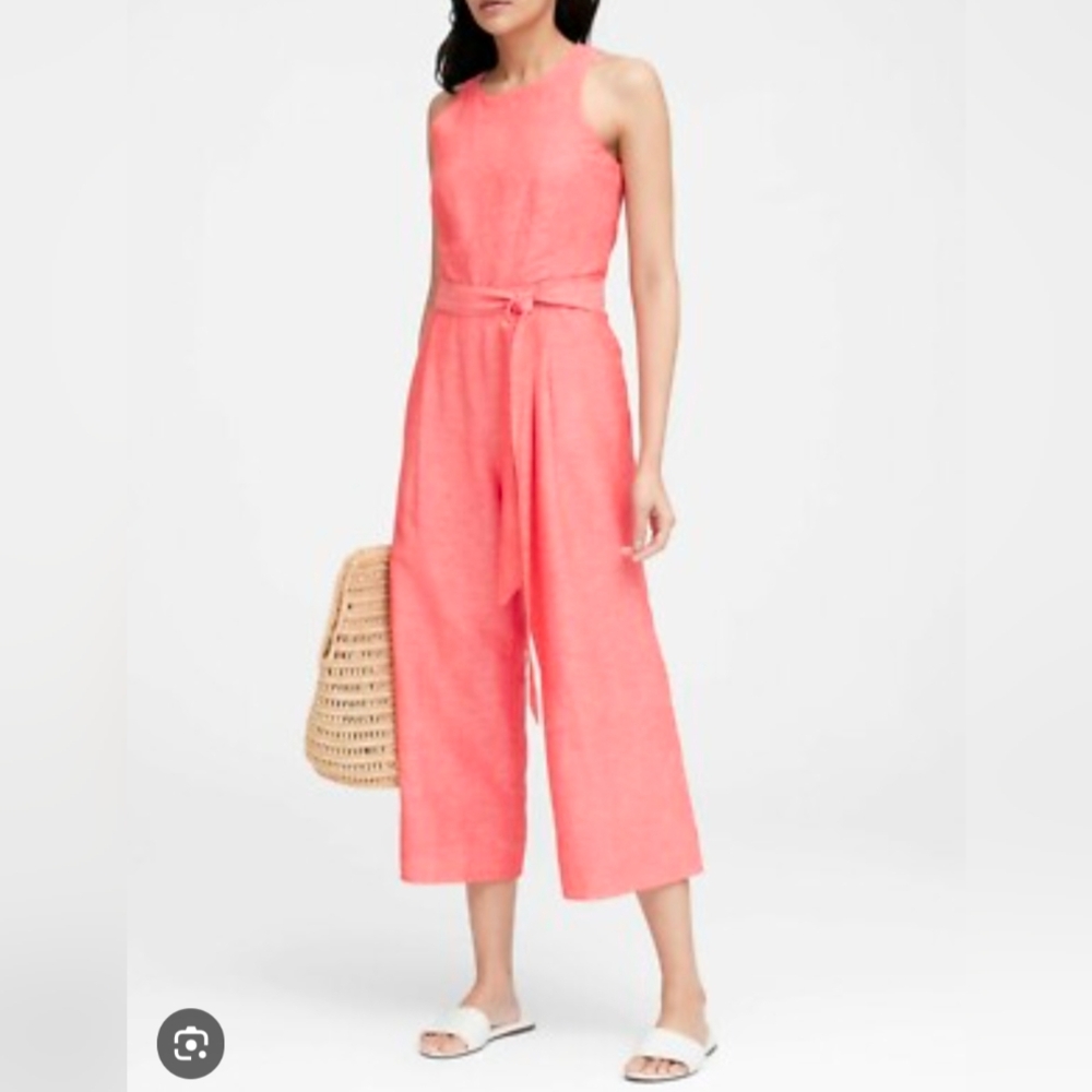 Banana Republic Spring Linen Cropped Coral Jumpsuit Tie Waist Size 6